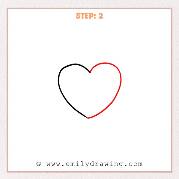 how to draw a cartoon heart - Step 2 of a cartoon heart drawing shows the added right-side curve connecting from the top dip down to the bottom point, completing the heart outline.